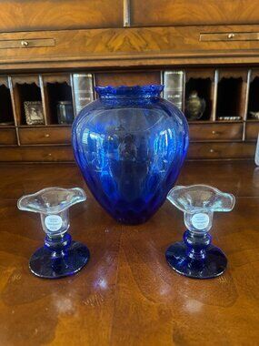 Vintage Princess House Sapphire Blue Vase and Candlesticks New!